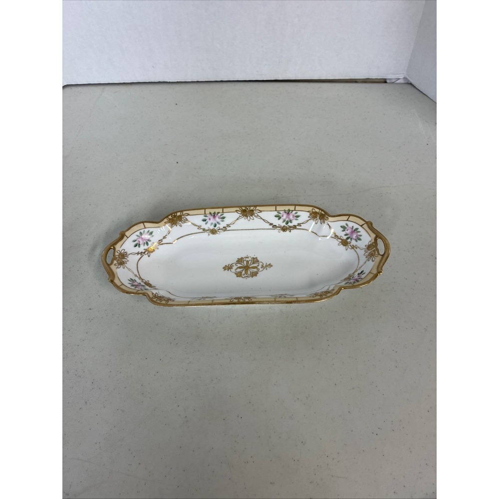 Antique Nippon‎ Hand Painted Porcelain Celery Dish Gold Moriage Pink Floral Tray